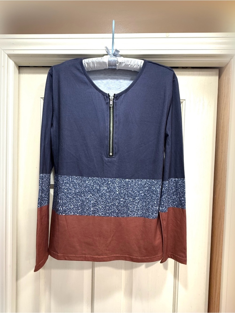 Colorblock Zip Front Long-Sleeve Top - Navy, Blue Speckle & Rust. New!